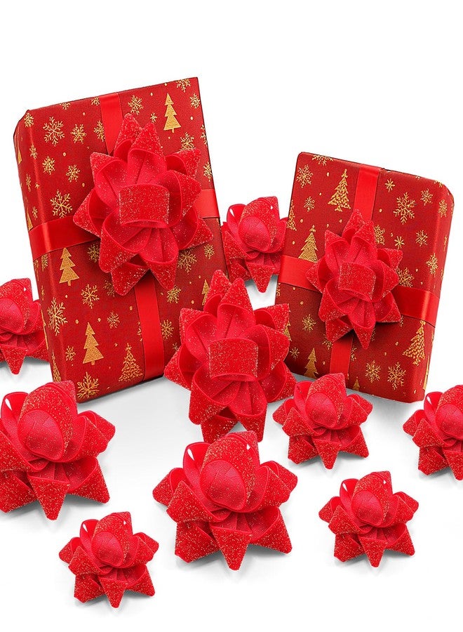 Knitgrip 18 Pcs Christmas Red Velvet Gift Bow for Gift Wrapping 2.8 Inch and 4 Inch Christmas Self Adhesive Glitter Ribbon Bows Stick on Flocked for Xmas Present Wrapping Decor Wreaths Tree - Image 1